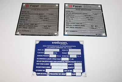 Machine Specification Tag Plate Lot Of 3 Facet Vessel OK Velcon Filters CO 04 • $18.95