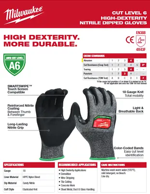 Milwaukee A6 High Dexterity Nitrile Gloves NEW - Cut Level 6 Sizes S M L XL XXL • $7.99