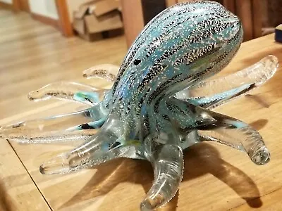 Art Glass OCTOPUS ~ Turquoise☆Black☆Silver ~ Large Murano-Style Figurine  • $45