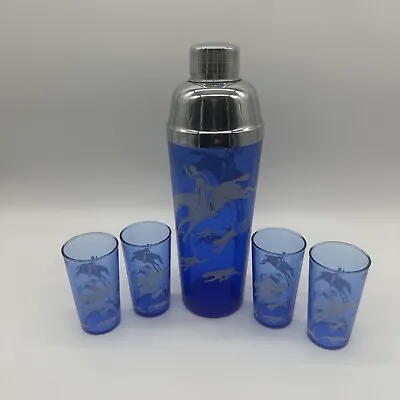 Vintage Cocktail Shaker Set Hazel Atlas Blue/White Fox Hunt Shaker & 4 Glasses • $82