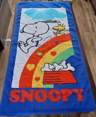 Vintage Snoopy Woodstock Beach Towel Peanuts Rainbow Hearts Blue 27x58 • $40