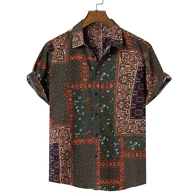 New Men Paisley Shirt Short Sleeve Lightweight Vintage Floral Printed Shirt Thin • $23.83