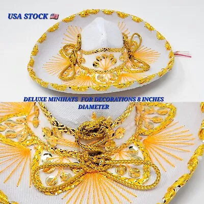 White   And Gold Deluxe Mini Mexican Sombreros 8 Inches Wedding Hat • $19.99