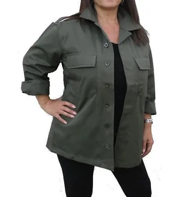 Ladies Womens Army Vintage Shirt Jacket Field Khaki Retro Cotton Button Military • £12.99