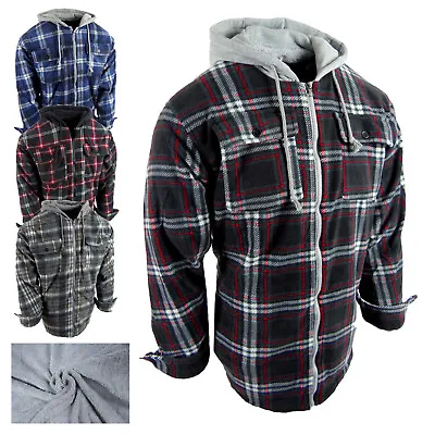 $34.95 • Buy Mens Plaid Flannel Shirt Hoodie Soft Fuzzy Fleece Sherpa Lined Zip-Up 4 Pocket B