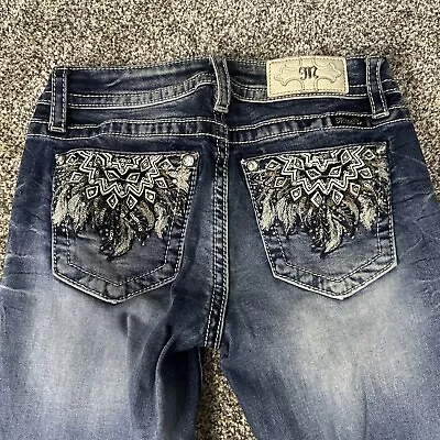 Miss Me Chloe Boot Jeans Womens Sz 26 X34 Bling Embellish Wings Feather Juniors • $37.99