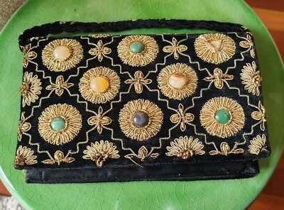 Vintage Black Velvet Beaded Multi Color Stone Gold Embroidered Evening Purse  • $105