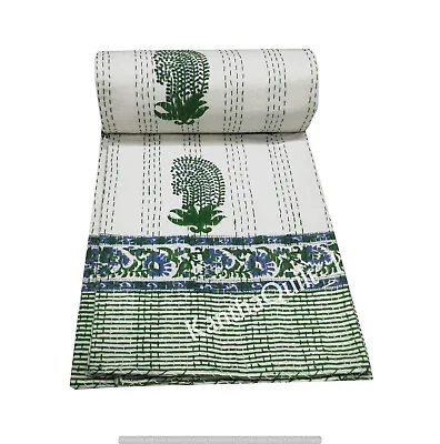 Indian Handmade King Size Cotton Kantha Quilt Hand Block Blanket Bedspread Throw • £33.66