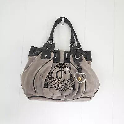 $95 • Buy Vintage Y2K Juicy Couture Gray Black Shoulder Bag Purse Large Velour Leather 