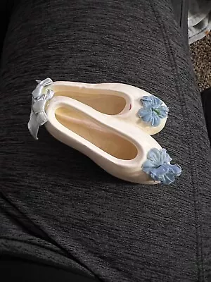 Artistic Gifts Vintage Ceramic White Ballet Shoes Blue Flowers Hanging Ribbons • $12