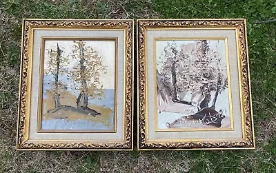 Vintage Pair Original Framed Signed Morris Katz Oil Small Paintings Trees 1982 • $129.95