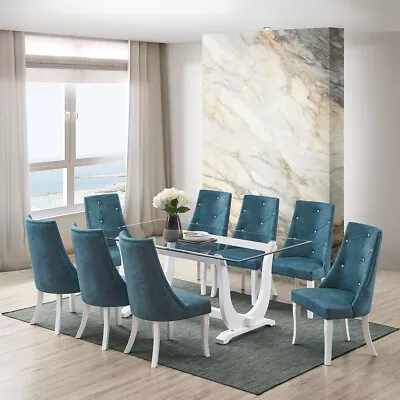 Kings Brand - Elmer 9 Piece Glass Top Dining Set Table & 8 Chairs White/Blue • $1199.99