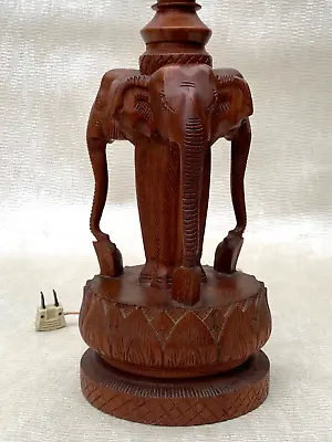 Vintage Hand Carved Wood 3 Elephant Table Lamp Asian Carving Wooden Sculpture • $85