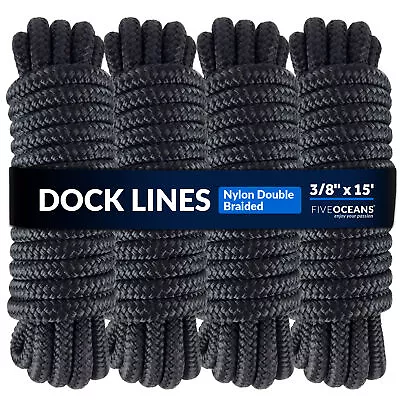 Dock Lines 4 Pack 3/8 Inch X 15 Feet Marine Boat Docking Rope Line Black • $24.40