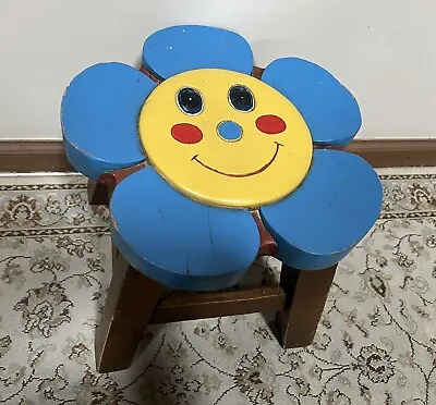 Vintage Sturdy Kid Wooden Step Stool Foot Stool Flower Happy Face • $30