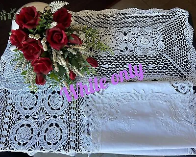 Vintage Handmade Crochet Lace 100% Cotton Runner/Topper/Doily White/Ecru Oblong • $9.89