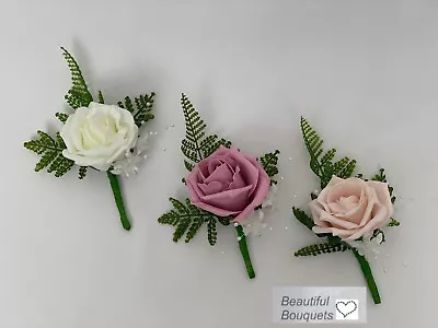  Wedding Buttonholes Rose Flower Bouquets Ivory Purple Groom Fern Single Man • £3.50