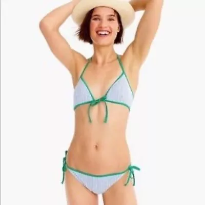 J. Crew Blue Seersucker W/ Green Tipped Tie Sides Bikini Swim Bottoms Sz Xxl • $33