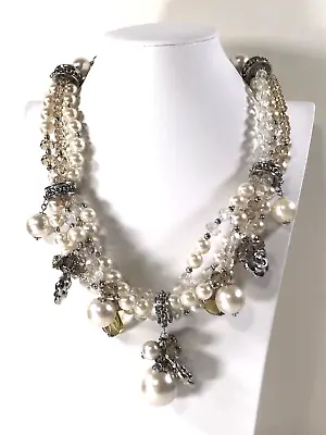 Multi Strand Silver Tone Flower Clear Beads Faux Pearl Chunky Necklace Bold 24  • $8.99