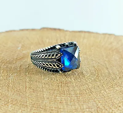 925 Sterling Silver Handmade Men's Ring With Square Shape Blue Sapphire Stone • $50