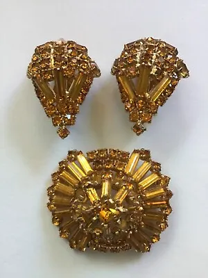 $28.88 • Buy Vtg BIG,Bold+BEAUTIFUL Citrine Rhinestones Domed Brooch +ClipOn Earrings Jewelry