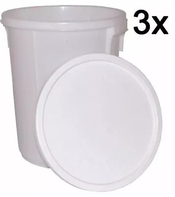 3x 25L WHITE STORAGE BUCKET MOULDED HANDLE PLASTIC RESEALABLE TAMPER EVIDENT LID • £23.95