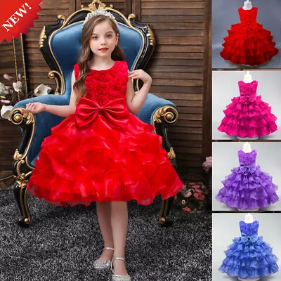 Girls Bridesmaid Dress Baby Kids Party Lace Bow Princess Wedding Dresses Age 3-9 • £12.99