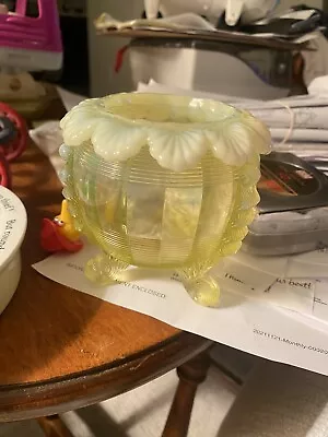 Vintage And Rare Yellow Vaseline Depression Glass Three Footed Rose Bowl • $120