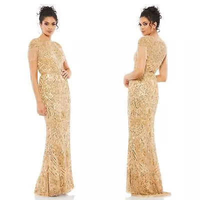 NEW NWT Mac Duggal Embellished Fringe Cap Sleeve Trumpet Gown Light Gold SZ 10 • $498