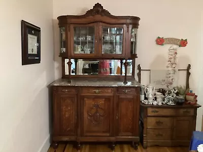 Antique French Marble Top Server Buffet With Mirror Back Display Cabinet • $9000