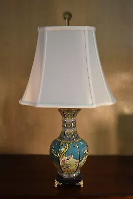 26  Chinese Porcelain Hex Vase Lamp  Bird & Flower  Jingdezhen Turquoise Blue • $174.50