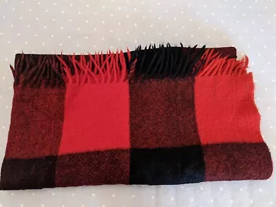  Red / BLACK Plaid Vintage 100% Wool Fringed Blanket Tartan Throw Travel Rug • $36