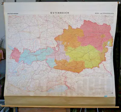 AUSTRIA MAP TOWNS & ROADS - VINTAGE PULL DOWN SCHOOL MAP - FREYTAG-BERNDT- 1960s • $150