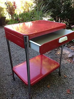 $169.99 • Buy Vintage Red Cosco Style 2 Shelf 1 Drawer Metal Rolling Kitchen Utility Cart
