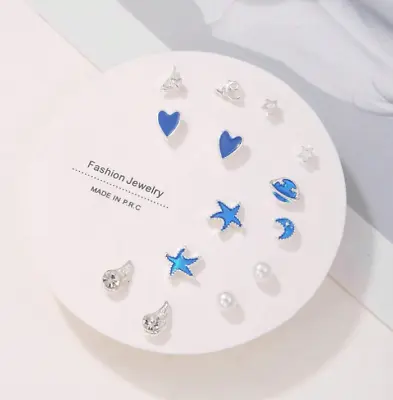 7 Pairs 925 Sterling Silver Stud Earrings Heart Star Moon Pearl Moon Set Pack UK • £5.99