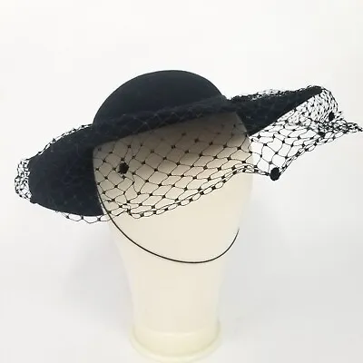 Black Mourning Hat Veiled Lace Size 57 Doeskin Felt Bollman Sonni San Francisco • $63.99