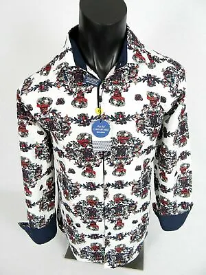 Mens Suslo Couture Shirt Slim Fit White Floral Coat Of Arm Prints Button Front • $16.49