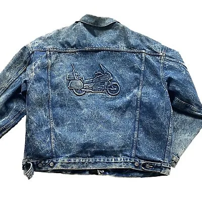 Vintage Acid Washed Goldwing Honda Embossed Denim Trucker Jacket USA MENS XL • $59.99