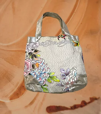 Ed Hardy Floral Butterfly Cotton Canvas Zip Hogo Hand Bag Purse • $39