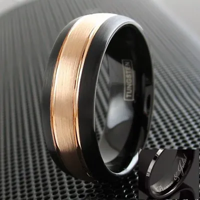 8mm Tungsten Men's Ring Brushed Rose Gold Plated Grooved Wedding Band Engravable • $14.99