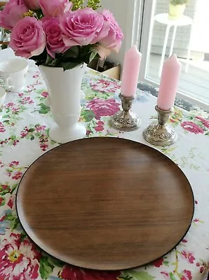 MCM Vintage 1960's Large Round Teak WOOD Tray Black Trim~Back Japan W Label!~13” • $79.95