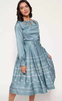 £19.99 • Buy Lindy Bop 'Laurel' Deer Print Vintage L Sleeved Midi Dress BNWT Sz 18 W Pockets