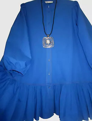Zara ~ Xl ~ Blue ~ Cotton ~ Peplum Dress ~ Long Sleeves / Pockets • $22.34