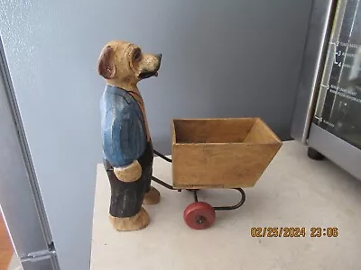 Vtg Style Anthropamorphic Dog Wheel Barrel Cart Wooden Figurine • $20
