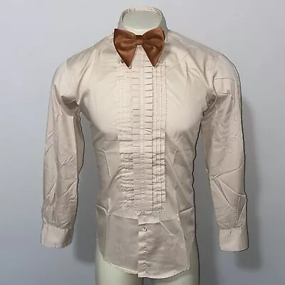 Vtg 60s 70s AFTER SIX Tuxedo Shirt Beige Tan Ruffles Mod Prom Disco S4 Men SMALL • $44.99