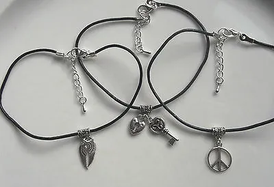 Black Leather Silver Tone Charm Anklet Ankle Bracelet Choice Of Charm And Size • £4.69