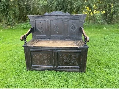 Antique Carved Oak 17th 18th Century Settle Hall Armchair Monks Bench Chest #M • £395