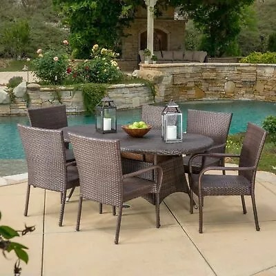 Kory Outdoor 7pc Multibrown Wicker Round Dining Set • $1335.46