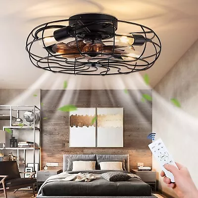 19.7in Caged Ceiling Fan Light Farmhouse Flush Mount Chandelier With Remote • $42.99