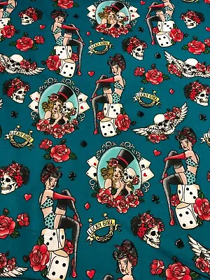 Sexy Women Steampunk Roses Gothic Skulls Gambling Cards Dice On Blue Fabric BTY • $11.75